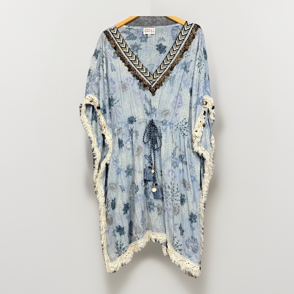 Gipsy Queen Swim Cover Up Womens Blue Cotton Poncho Seashells Fringe Boho Resort
